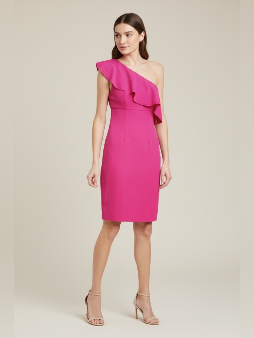 Trina Turk One Shoulder Ruffle Mini Crepe Dress in Fluorescent Berry Size 12 NEW